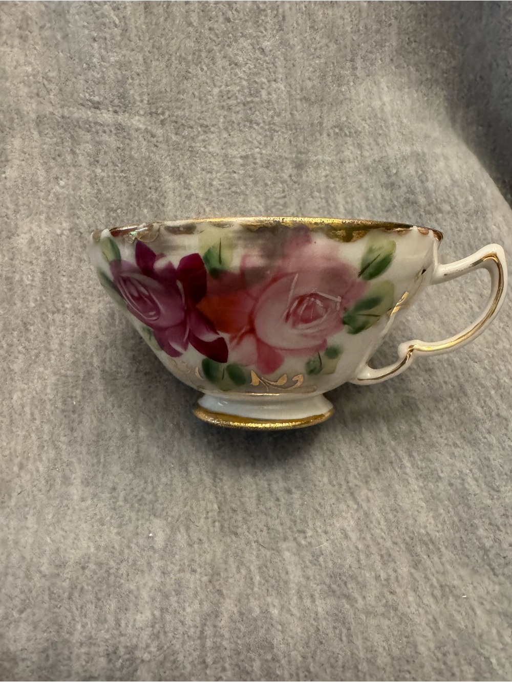 Vintage 1950’s Floral Porcelain Teacup in Pink and Purple with Gold Trim.